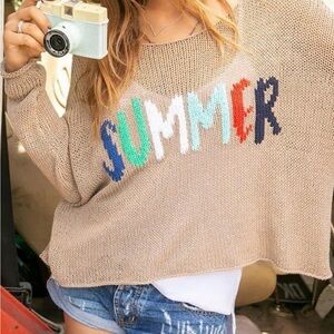 Wooden Ships Gray Off-the-Shoulder Sweater with Colorful 'SUMMER' Design